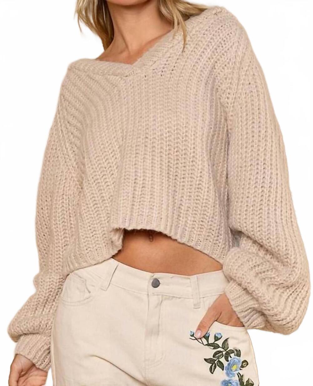 NEW POL hooded v-neck balloon sleeve pullover in almond
